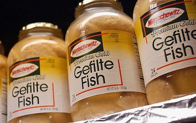 Jars of Gefilte Fish sit on the shelves awaiting purchase from consumers at McCaffrey's Passover Store April 2, 2004 in Yardley, Pennsylvania. (Photo by William Thomas Cain/Getty Images)