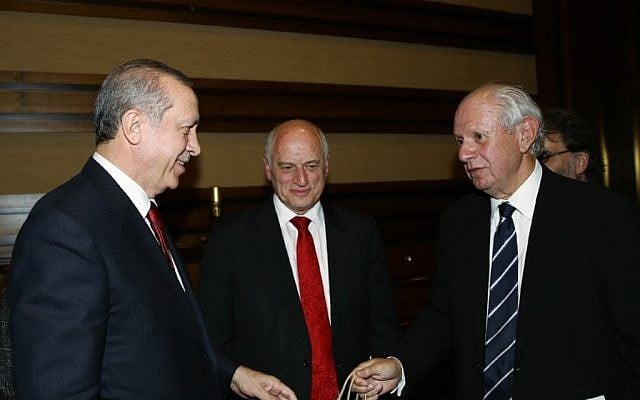 Malcolm Hoenlein, center, the executive vice president of the Conference of Presidents of Major American Jewish Organizations, and Stephen Greenberg, right, its chairman, meet with Turkish President Recep Tayyip Erdogan in Ankara, February 9, 2016. (Courtesy of Conference of Presidents via JTA) Malcolm Hoenlein, center, the executive vice president of the Conference of Presidents of Major American Jewish Organizations, and Stephen Greenberg, right, its chairman, meet with Turkish President Recep Tayyip Erdogan in Ankara, February 9, 2016. (Courtesy of Conference of Presidents via JTA)