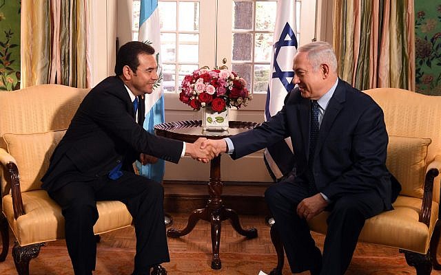 Prime Minister Benjamin Netanyahu (right) and Guatemalan President Jimmy Morales meet in Washington DC, March 4, 2018. (Haim Zach/GPO) Prime Minister Benjamin Netanyahu (right) and Guatemalan President Jimmy Morales meet in Washington DC, March 4, 2018. (Haim Zach/GPO)