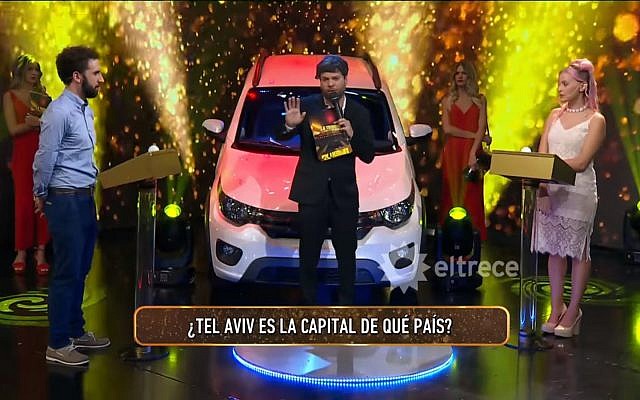 Contestants struggle to name the country which has Tel Aviv as its capital in Argentinian TV show 'La Tribuna de Guido' on March 8, 2018. (Screen capture: YouTube) Contestants struggle to name the country which has Tel Aviv as its capital in Argentinian TV show 'La Tribuna de Guido' on March 8, 2018. (Screen capture: YouTube)