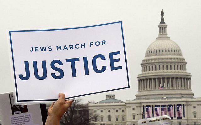 Marchers with the National Council of Jewish Women and other Jewish organizations assembled on the National Mall for the Women’s March on January 21, 2017. (Ron Sachs via JTA) Marchers with the National Council of Jewish Women and other Jewish organizations assembled on the National Mall for the Women’s March on January 21, 2017. (Ron Sachs via JTA)