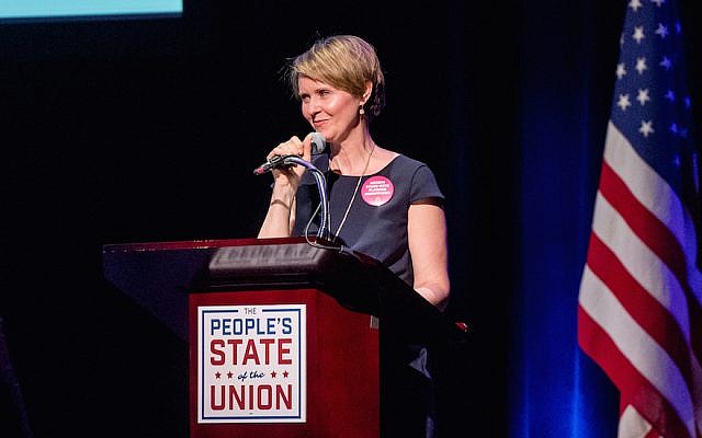 Cynthia Nixon speaking in New York City, January 29, 2018. (Roy Rochlin/Getty Images via JTA)