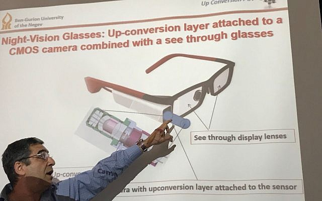 Ben-Gurion University researcher Prof. Gabby Sarusi demonstrates his infrared sensor technology on March 5, 2018 (Shoshanna Solomon/Times of Israel) Ben-Gurion University researcher Prof. Gabby Sarusi demonstrates his infrared sensor technology on March 5, 2018 (Shoshanna Solomon/Times of Israel)