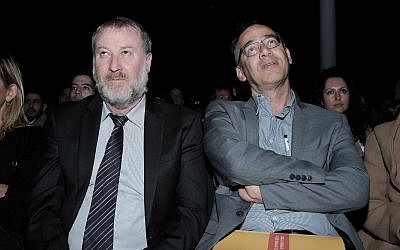Attorney General Avichai Mendelblit (L) and state prosecutor Shai Nitzan attend a Ministry of Justice conference in Tel Aviv, December 21, 2016. (Tomer Neuberg/Flash90)