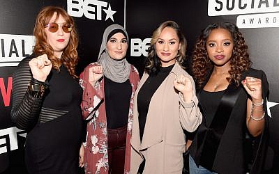The organizers of the Women’s March, from left to right: Bob Bland, Linda Sarsour, Carmen Perez, and Tamika Mallory, at BET’s Social Awards in Atlanta, February 11, 2018. (Paras Griffin/Getty Images for BET via JTA)