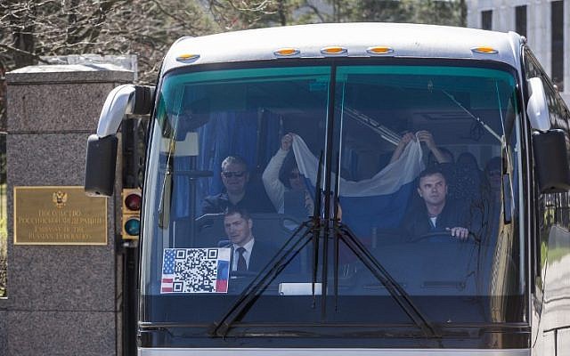 Russian diplomats expelled by the US after a nerve agent attack on a former spy leave their embassy in Washington, D.C, March 31, 2018. (AFP PHOTO / ZACH GIBSON) Russian diplomats expelled by the US after a nerve agent attack on a former spy leave their embassy in Washington, D.C, March 31, 2018. (AFP PHOTO / ZACH GIBSON)