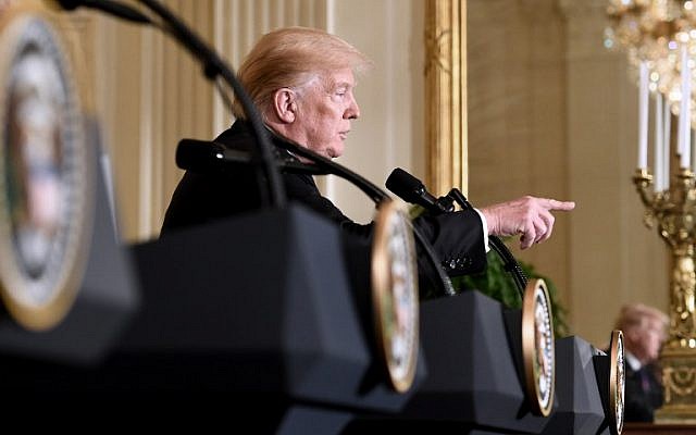 US President Donald trump speaks during a joint press conference with President Raimonds Vejonis of Latvia, President Kersti Kaljulaid of Estonia and President Dalia Grybauskaite of Lithuania in the East Room of the White House on April 3, 2018 in Washington, DC. (AFP/Olivier Douliery) US President Donald trump speaks during a joint press conference with President Raimonds Vejonis of Latvia, President Kersti Kaljulaid of Estonia and President Dalia Grybauskaite of Lithuania in the East Room of the White House on April 3, 2018 in Washington, DC. (AFP/Olivier Douliery)