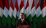 Hungarian Prime Minister Viktor Orban delivers his speech during the last campaign event of his Fidesz party in Szekesfehervar, Hungary on April 6, 2018. 
Hungarians vote in elections on April 8, 2108 that polls suggest will give Prime Minister Viktor Orban athird consecutive term. ( AFP PHOTO / FERENC ISZA)