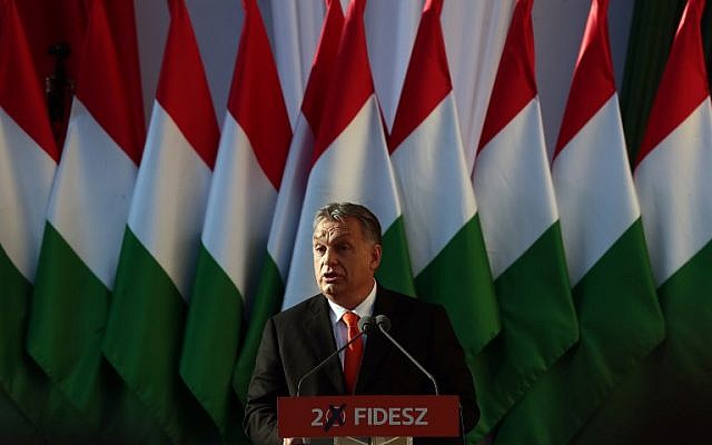 Hungarian Prime Minister Viktor Orban delivers his speech during the last campaign event of his Fidesz party in Szekesfehervar, Hungary on April 6, 2018. 
Hungarians vote in elections on April 8, 2108 that polls suggest will give Prime Minister Viktor Orban athird consecutive term. ( AFP PHOTO / FERENC ISZA)
