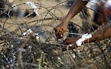 A Palestinian man tries to cut through a section of barbed wire at the border fence with Israel, east of Jabalia in the central Gaza city, during a protest on April 13, 2018 (AFP PHOTO / MOHAMMED ABED)
