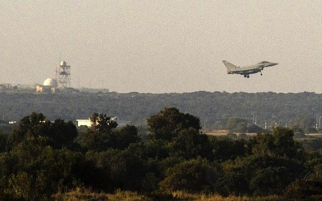 A British military Typhoon aircraft lands at the Sovereign Base Area (SBA) of Akrotiri, a British overseas territory located ten kilometres west of the southern Cypriot port city of Limassol, following US, British and French strikes on Syria on April 14, 2018. ( AFP PHOTO / Iakovos Hatzistavrou) A British military Typhoon aircraft lands at the Sovereign Base Area (SBA) of Akrotiri, a British overseas territory located ten kilometres west of the southern Cypriot port city of Limassol, following US, British and French strikes on Syria on April 14, 2018. ( AFP PHOTO / Iakovos Hatzistavrou)