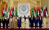 (1st row, from L) President of Iraq Fuad Masum, Yemen's President Abdrabuh Mansour Hadi Mansour, President of Lebanon Michel Aoun, President of Sudan Omar al-Bashir, King of Bahrain Hamad bin Isa Al Khalifa, King Abdullah II of Jordan, Saudi King Salman bin Abdulaziz, Emir of Kuweit Jaber al-Ahmad al-Sabah, Egyptian President Abdel Fattah al-Sisi, Mauritanian President Mohamed Ould Abdel Aziz, Tunisian President Beji Caid Essebsi, Emirati President Sheikh Khalifa bin Zayed al-Nahayan, Crown Prince of Saudi Arabia Mohammed bin Salman Al-Saud (2nd row, From R) Arab League Secretary-General Ahmed Aboul Gheit, President of the Algerian Senate Abdelkader Bensalah, Libya's unity government Prime Minister Fayez al-Sarraj, Djibouti President Ismail Omar Guelleh, President of Somalia Mohamed Abdullahi Mohamed, Palestinian president Mahmud Abbas, Omani Deputy Prime Minister Fahd Bin Mahmud Al-Said, Prince Moulay Rachid of Morocco, President of the Comoros Azali Assoumani and Qatari Ambassador to Arab leaque Saif Bin Muqaddam Al-Buainain during the 29th Summit of the Arab League at the Ithra center in Dhahran, Eastern Saudi Arabia, on April 15, 2018. (AFP PHOTO / STR)