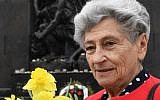 Warsaw Ghetto Holocaust survivor, Krystyna Budnicka poses on April 16, 2018 in front of the Monument to the Ghetto Heroes in Warsaw. (AFP PHOTO/JANEK SKARZYNSKI)