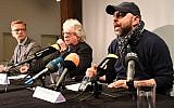 Picture taken on April 17, 2018 at the theater in Constance, southern Germany, shows director Serdar Somuncu (R) and general director Christoph Nix (C) during a press conference on a play named after Adolf Hitler's 'Mein Kampf,' written by George Tabori and staged by Somuncu. (AFP/dpa/Felix Kästle)