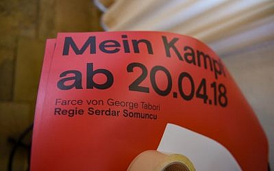 Picture taken on April 17, 2018 at the theatre in Constance, southern Germany, shows a poster advertising a theater play named after Adolf Hitler's Mein Kampf, written by George Tabori and staged by Serdar Somuncu. (AFP PHOTO / dpa / Felix Kästle)