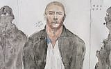 This court drawing made on June 26, 2014, shows Mehdi Nemmouche, center, the suspect in a deadly terror attack at the Brussels Jewish Museum, during a court hearing in Versailles, France. (AFP Photo/Benoit Peyrucq)