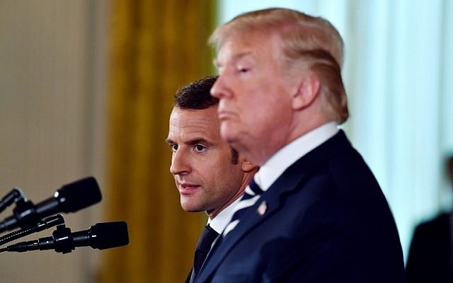 US President Donald Trump and French President Emmanuel Macron hold a joint press conference at the White House in Washington, DC, on April 24, 2018. (AFP Photo/Nicholas Kamm) US President Donald Trump and French President Emmanuel Macron hold a joint press conference at the White House in Washington, DC, on April 24, 2018. (AFP Photo/Nicholas Kamm)