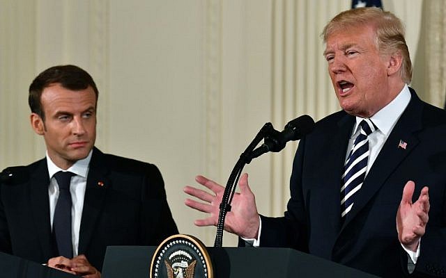 US President Donald Trump and French President Emmanuel Macron hold a joint press conference at the White House in Washington, DC, on April 24, 2018. (AFP PHOTO / Nicholas Kamm) US President Donald Trump and French President Emmanuel Macron hold a joint press conference at the White House in Washington, DC, on April 24, 2018. (AFP PHOTO / Nicholas Kamm)