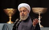 Iran's president Hassan Rouhani gives a speech in the city of Tabriz in the northwestern East-Azerbaijan province on April 25, 2018, (Atta Kenare/AFP)