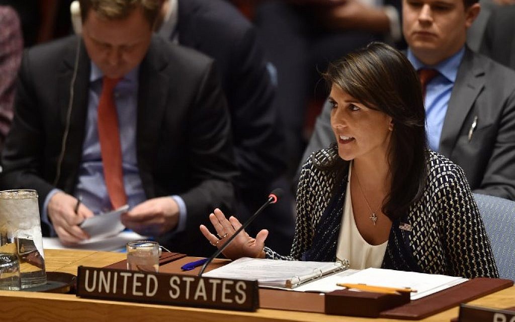File: In this photo taken on April 13, 2018, US ambassador to the United Nations Nikki Haley speaks during a UN Security Council meeting at UN Headquarters in New York. (AFP Photo/Hector Retamal)