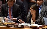 File: In this photo taken on April 13, 2018, US ambassador to the United Nations Nikki Haley speaks during a UN Security Council meeting at UN Headquarters in New York. (AFP Photo/Hector Retamal)