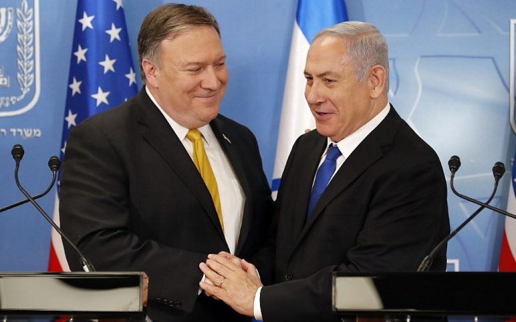 US Secretary of State Mike Pompeo (L) with Prime Minister Benjamin Netanyahu ahead of a press conference at the Defense Ministry in Tel Aviv on April 29, 2018. (AFP/Thomas Coex) US Secretary of State Mike Pompeo (L) with Prime Minister Benjamin Netanyahu ahead of a press conference at the Defense Ministry in Tel Aviv on April 29, 2018. (AFP/Thomas Coex)