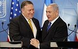 US Secretary of State Mike Pompeo (L)  with Prime Minister Benjamin Netanyahu ahead of a press conference at the Defense Ministry in Tel Aviv on April 29, 2018. (AFP/Thomas Coex)
