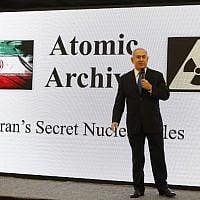Prime Minister Benjamin Netanyahu delivers a speech on an archive brought out of Iran by the Mossad that documents Iran's nuclear program, at the Defense Ministry in Tel Aviv on April 30, 2018. (AFP/Jack Guez)