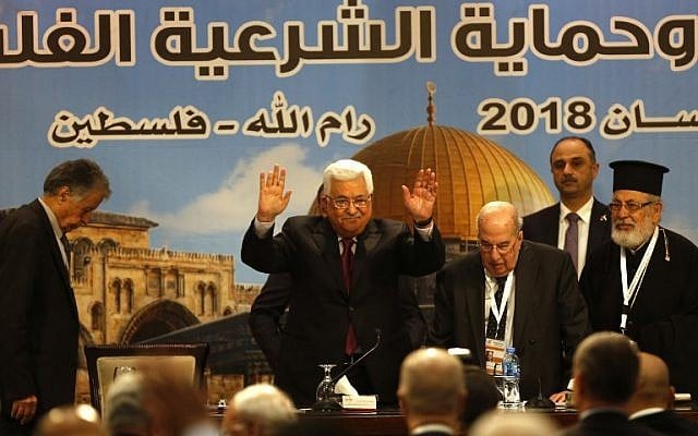 Palestinian Authority President Mahmoud Abbas gestures during the Palestinian National Council meeting in Ramallah on April 30, 2018. (AFP Photo/Abbas Momani) Palestinian Authority President Mahmoud Abbas gestures during the Palestinian National Council meeting in Ramallah on April 30, 2018. (AFP Photo/Abbas Momani)