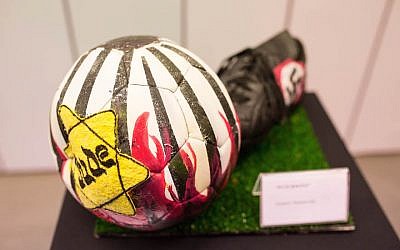 The exhibition at River Plate’s museum includes six illustrated soccer balls. This one was by Gustavo Nemirovsky. (Tabare da Ponte/Courtesy of 'No Fue un Juego' via JTA)