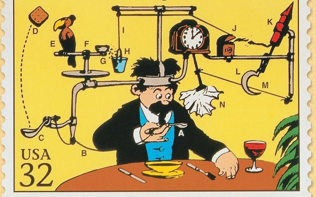 A Rube Goldberg postage stamp. (Courtesy Contemporary Jewish Museum)