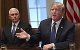 US President Donald Trump, right, sitting next to Vice President Mike Pence, speaks in the Cabinet Room of the White House in Washington, Monday, April 9, 2018, at the start of a meeting with military leaders. (AP Photo/Susan Walsh)