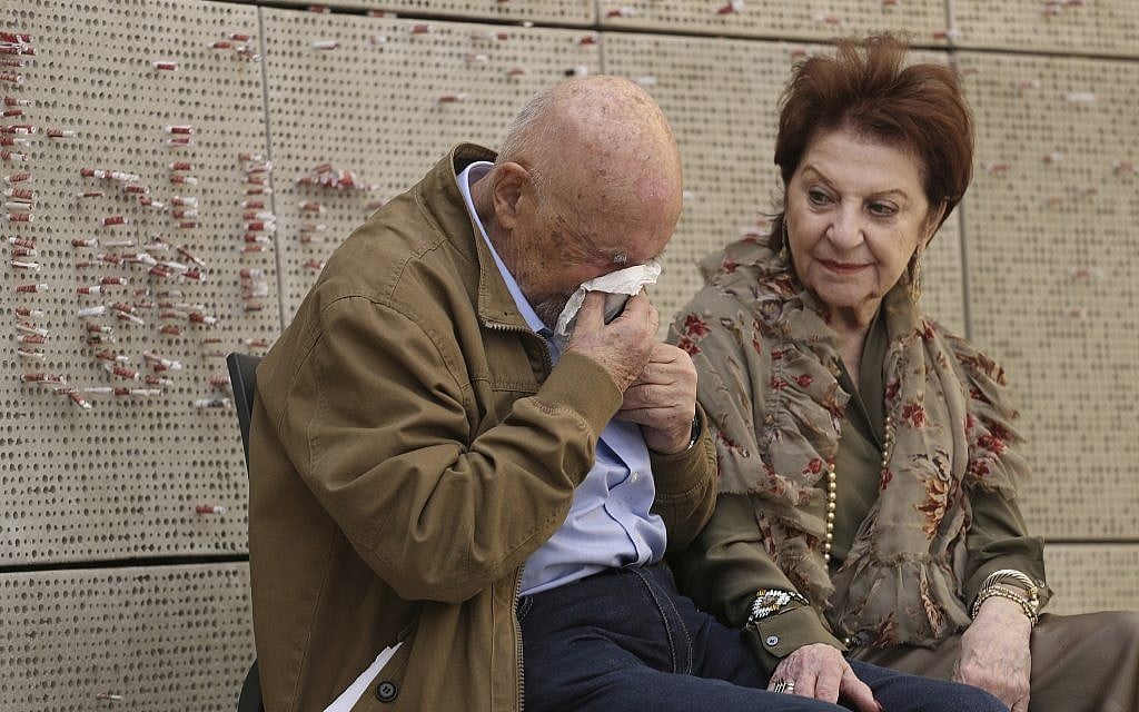 In this Wednesday, April 11, 2018, photo, childhood Holocaust survivors Simon Gronowski and Alice Gerstel Weit are interviewed at the Los Angeles Holocaust Museum memorial. (AP Photo/Reed Saxon)