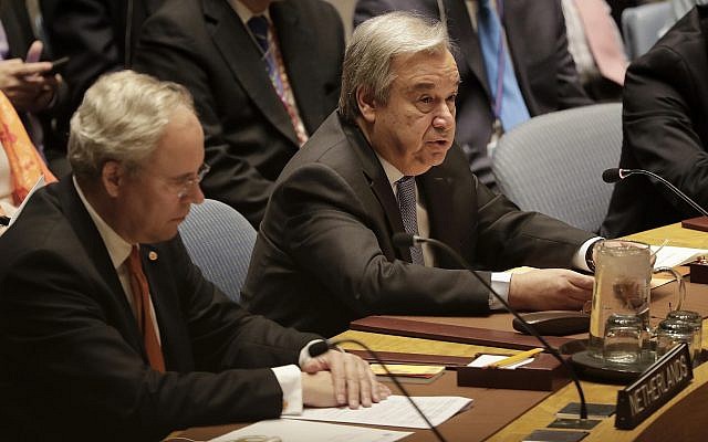 Antonio Guterres, right, Secretary-General of the United Nations, speaks during a Security Council meeting on April 13, 2018, at United Nations headquarters. (AP Photo/Julie Jacobson) Antonio Guterres, right, Secretary-General of the United Nations, speaks during a Security Council meeting on April 13, 2018, at United Nations headquarters. (AP Photo/Julie Jacobson)