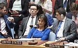 US Ambassador to the UN Nikki Haley listens as Syrian Ambassador to the UN Bashar Ja'afari speaks after a vote on a resolution during a Security Council meeting on the situation in Syria, on April 14, 2018, at United Nations headquarters. (AP Photo/Mary Altaffer)