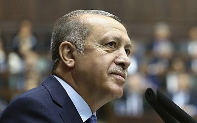 Turkey's President Recep Tayyip Erdogan, delivers a speech at his ruling Justice and Development (AKP) Party weekly meeting in Ankara, Turkey, Tuesday, April 17, 2018. (Kayhan Ozer/Pool Photo via AP)