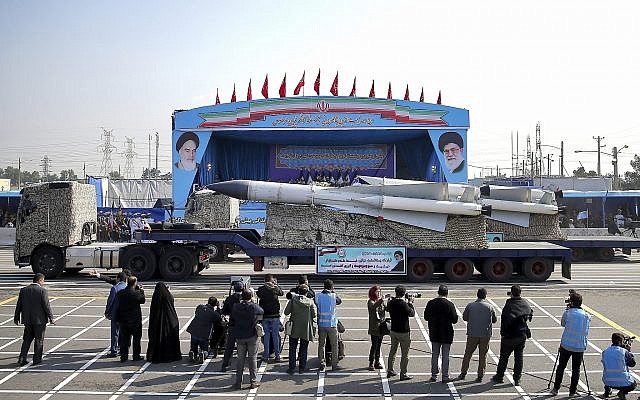 A missile is displayed by Iran's army during a parade marking National Army Day at the mausoleum of Khomeini, just outside Tehran, Iran, April 18, 2018. (Ebrahim Noroozi/AP) A missile is displayed by Iran's army during a parade marking National Army Day at the mausoleum of Khomeini, just outside Tehran, Iran, April 18, 2018. (Ebrahim Noroozi/AP)