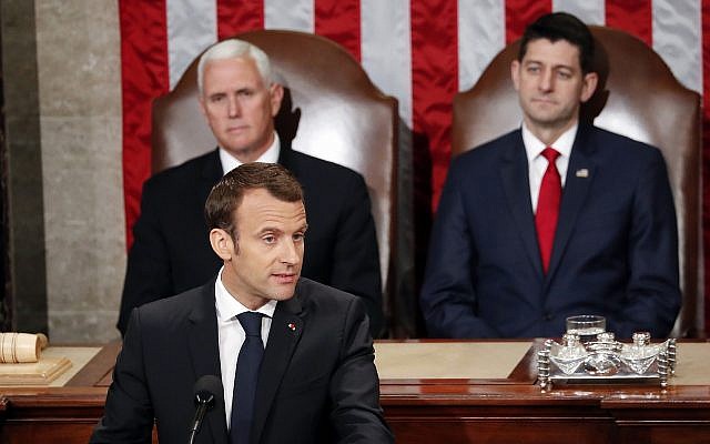 French President Emmanuel Macron speaks to a joint meeting of Congress on Capitol Hill in Washington, Wednesday, April 25, 2018. Standing behind him are Vice President Mike Pence and House Speaker Paul Ryan of Wisconsin, (AP Photo/Pablo Martinez Monsivais) French President Emmanuel Macron speaks to a joint meeting of Congress on Capitol Hill in Washington, Wednesday, April 25, 2018. Standing behind him are Vice President Mike Pence and House Speaker Paul Ryan of Wisconsin, (AP Photo/Pablo Martinez Monsivais)