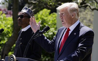 President Donald Trump speaks during a news conference with Nigerian President Muhammadu Buhari in the Rose Garden of the White House, Monday, April 30, 2018, in Washington. (AP Photo/Evan Vucci)