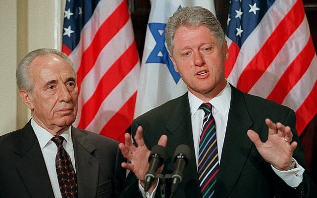 Prime minister Shimon Peres looks on as President Bill Clinton answers a reporters question at the White House Tuesday April 30, 1996 after they signed a joint declaration on terrorism. (AP Photo/Ruth Fremson) Prime minister Shimon Peres looks on as President Bill Clinton answers a reporters question at the White House Tuesday April 30, 1996 after they signed a joint declaration on terrorism. (AP Photo/Ruth Fremson)