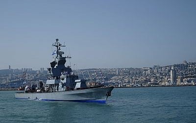 File: A Sa'ar 4.5-class missile boat leaves the Haifa port ahead of the Israeli Navy's flotilla in honor of Israel's 70th Independence Day on April 19, 2018. (Judah Ari Gross/Times of Israel)