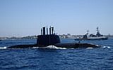 File: An Israeli Navy submarine sails in front of a Sa'ar 5-class corvette in the waters south of Tel Aviv as part of the Israeli Navy's flotilla in honor of Israel's 70th Independence Day on April 19, 2018. (Judah Ari Gross/Times of Israel)