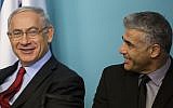 Prime Minister Benjamin Netanyahu and then finance minister Yair Lapid attend a signing ceremony for a new private port to be built in Ashdod, at the Prime Minister's Office in Jerusalem on September 23, 2014. Noam Revkin Fenton/FLASH90)