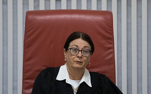 Supreme Court President Esther Hayut arrives for a court hearing on the deportation of African asylum seekers at the Supreme Court in Jerusalem on April 10, 2018. (Yonatan Sindel/Flash90) Supreme Court President Esther Hayut arrives for a court hearing on the deportation of African asylum seekers at the Supreme Court in Jerusalem on April 10, 2018. (Yonatan Sindel/Flash90)