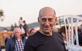 Former prime minister Ehud Olmert attends a celebration at Kibbutz Ramat Yochanan in northern Israel on March 31, 2018 (Hadas Parush/Flash90)