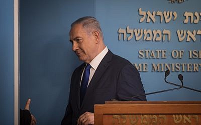 Prime Minister Benjamin Netanyahu at a press conference announcing a new agreement for handling asylum seekers in Israel, at the Prime Minister's Office in Jerusalem, on April 2, 2018. (Hadas Parush/Flash90)