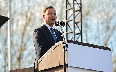 Polish president Andrzej Duda speaks during a ceremony in the March of the Living at the Auschwitz-Birkenau camp site in Poland, as Israel marks annual Holocaust Memorial Day, on April 12, 2018. (Yossi Zeliger/Flash90)