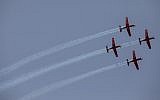 Israeli Air Force jets train for Israel's 70th Independence Day flyover in Jerusalem on April 17, 2018 (Yonatan Sindel/Flash90)
