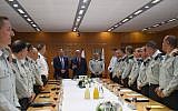 Prime Minister Benjamin Netanyahu (C) and Defense Minister Avigdor Liberman (center left) attended a toast with IDF Chief-of-Staff Lt.-Gen. Gadi Eizenkot (center Right) and the General Staff Forum on the occasion of the State of Israel's 70th Independence Day, on April 22, 2018. (Kobi Gideon / GPO)
