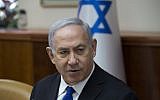 Prime Minister Benjamin Netanyahu leads the weekly cabinet meeting at the Prime Minister's Office in Jerusalem, April 29, 2018. (Amit Shabi/Flash90)